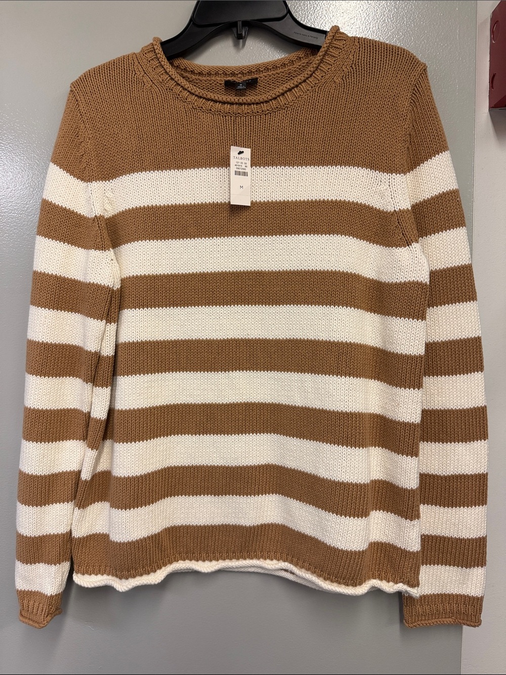 Talbots Cream and Tan Striped Crewneck Sweater